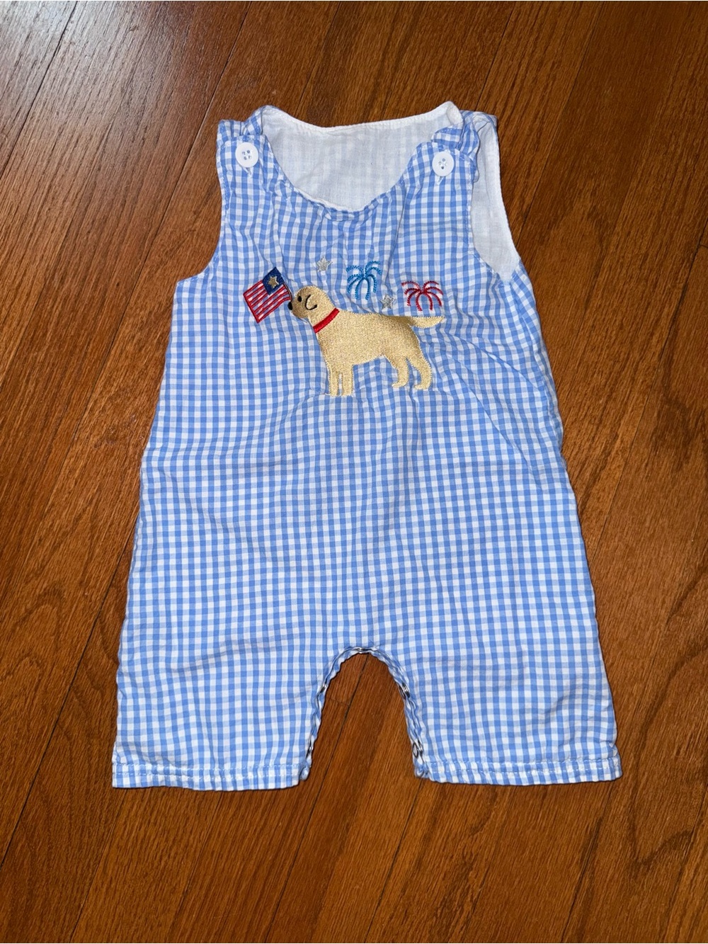 Giggle Moon Light Blue Gingham Romper with Embroidered Dog & Flag